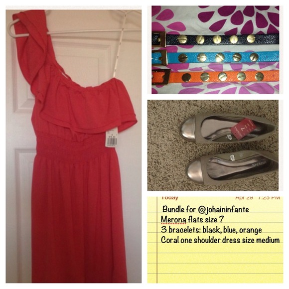 Bundle coral one shoulder dress, 3bracelets, flats
