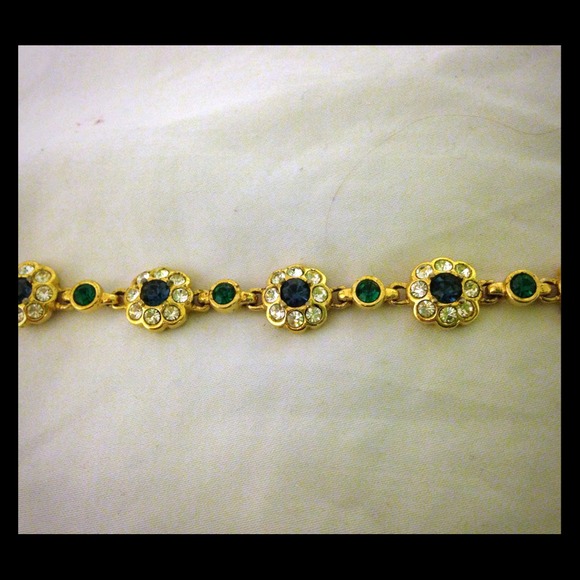 Gold flower bracelet with dark blue and green gems - Picture 1 of 2