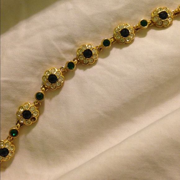 Gold flower bracelet with dark blue and green gems - Picture 2 of 2