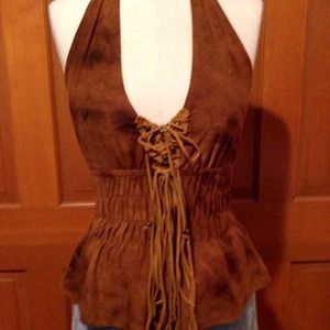 Sexy soft suede like halter. Front fringe detail.