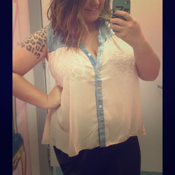 Pink flowy shirt with jean jacket on top