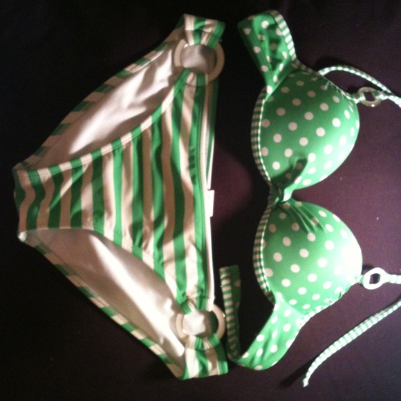 Green and white polka dot, stripe PUSH UP bikini!