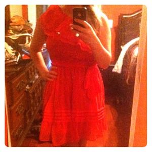 One shoulder chiffon coral / red dress