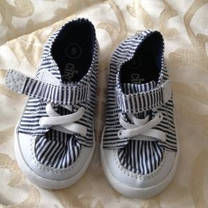 Blue and white seersucker shoes