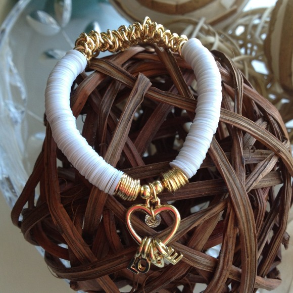 Sold  White/Gold Coil Link  Bracelet w Dangle - Picture 2 of 3