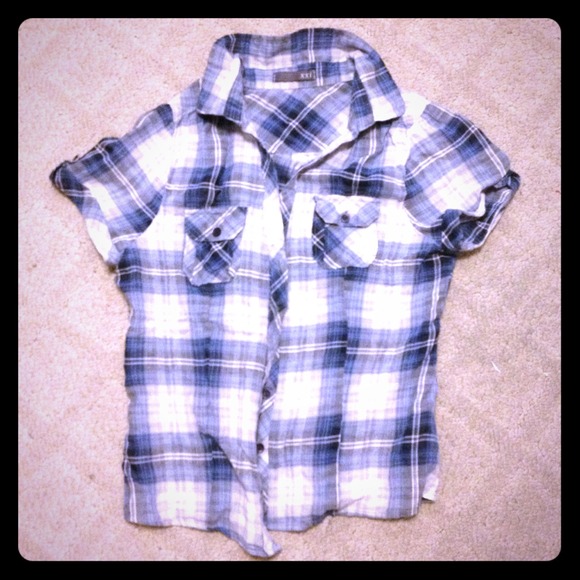 Forever 21 Plaid Button Down Blue & White Sheer Top w/ Front Pockets Size Large - Picture 1 of 3