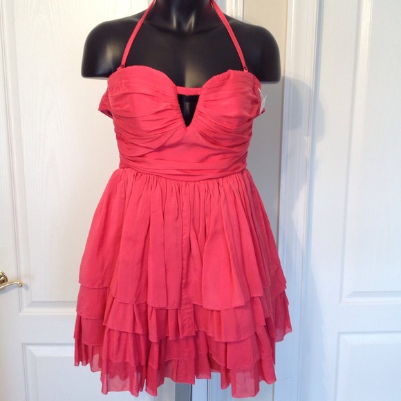 Y2K Bebe SILK Halter / Strapless Open Back Party Dress with Tiered Skirt, Coral - Picture 1 of 4