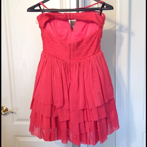 Y2K SILK Bebe Mesh Convertible Strap Open Back Dress, Tiered Skirt, Coral, EUC - Picture 2 of 4