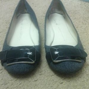 Grey wool flats with black buckle