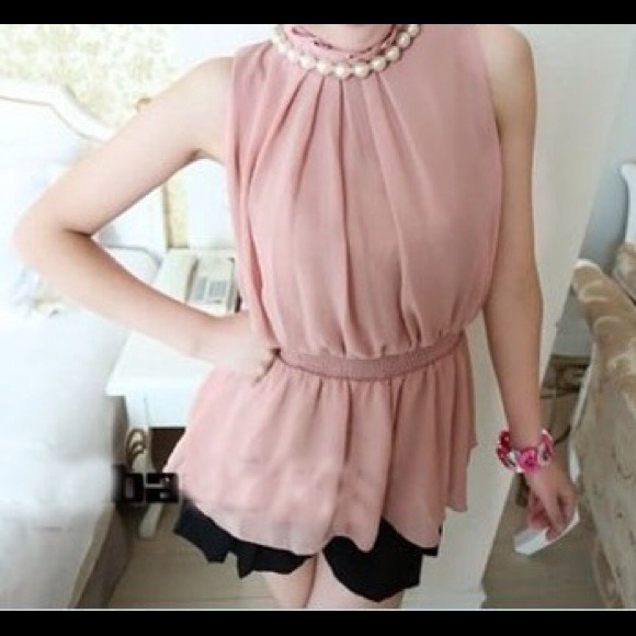 Elegant pearl necklace elastic wais chiffon blouse