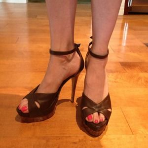 Open toed brown leather heels