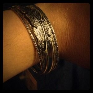 Feather and bamboo bangles silver tone