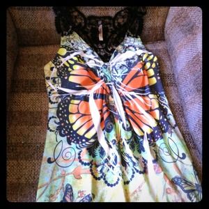 Satin tank top with butterfly design& lace straps