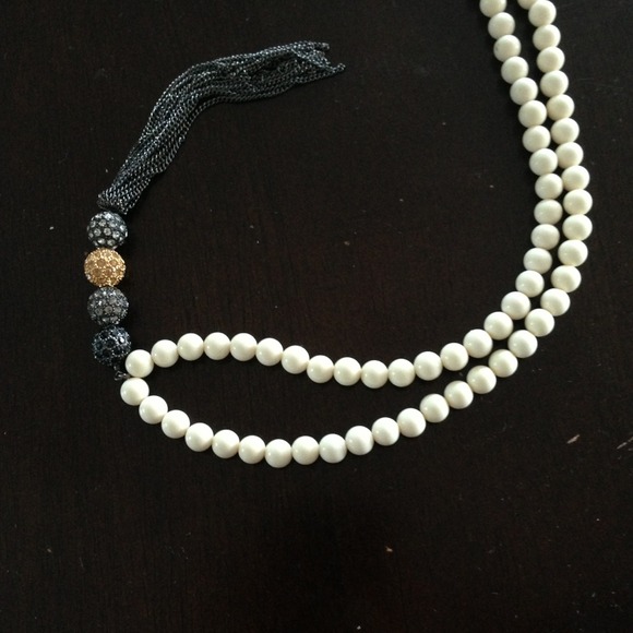Stella & Dot white beaded tassel long necklace