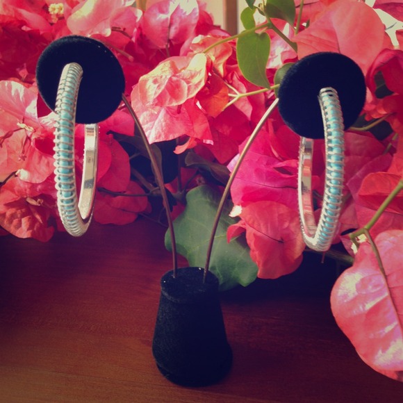 Blue and silver hoop earrings !!