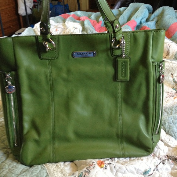 Coach signature green leather tote