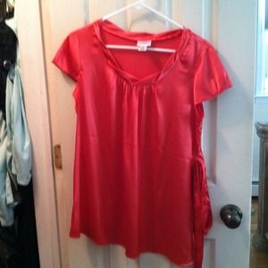 Coral silky maternity blouse and earrings