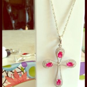 SOLD Ruby diamond silver tone faux cross pendant