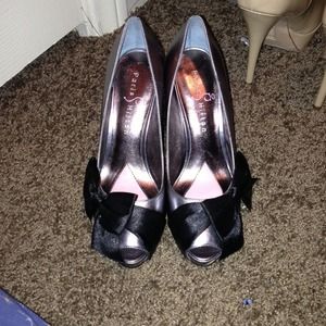 Metallic gray peep toe heels