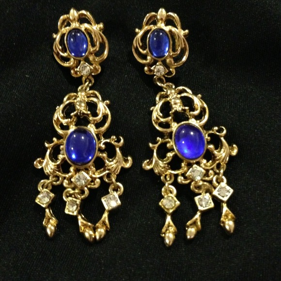 Gold, rhinestone & cobalt chandelier earrings