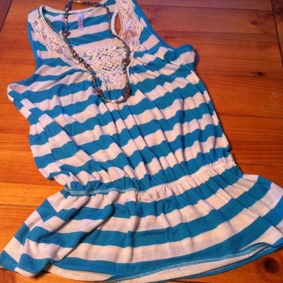 Turquoise and cream striped peplum tank