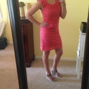 **Coral Eyelet Dress with Ruffle Sleeves**