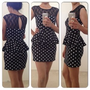 SOLD! Polka Dot Black Dress with Lace Top