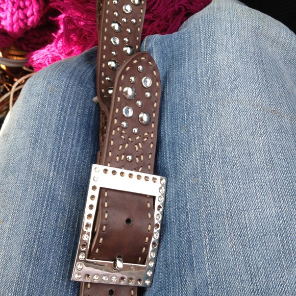 Sold-Brown leather studs and crystals belt M/L