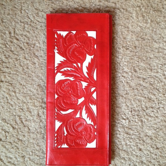 Red and White Floral Leather Clutch