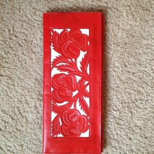 Red and White Floral Leather Clutch