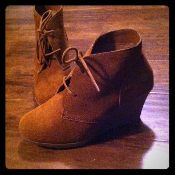 Tan leather wedge booties
