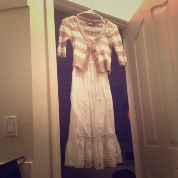 White summer dress w/ a tan and white cardigan.