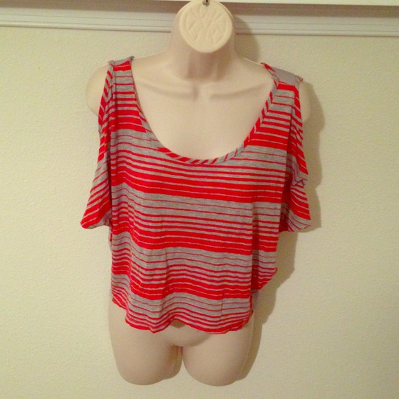 Stripped Peek Boo Shoulder Top in Orange and Grey