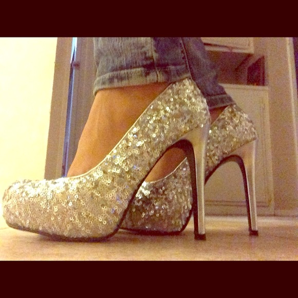 Shoes - Silver sequined heels.