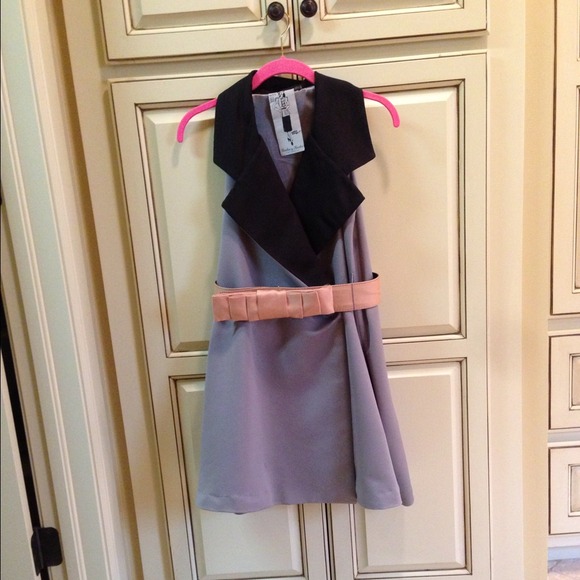 Grey dress with black collar and pink belt