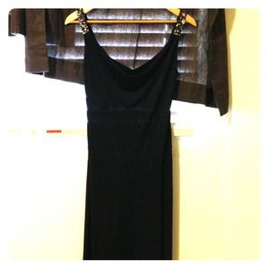 Dark navy, cowl-neck dress. Shin length