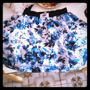 Poofy Blue and white with a black trim skirt.
