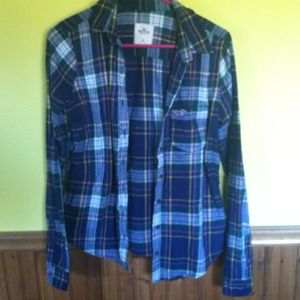 Blue green yellow white and pink button up