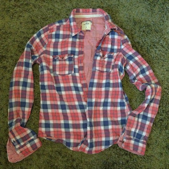 Red white and blue button up plaid shirt