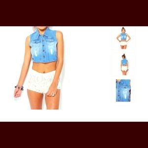 Denim ripped jeweled crop jean vest