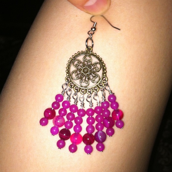 ✨Sold✨handmade pink stripe agate and jade earrings - Picture 2 of 4