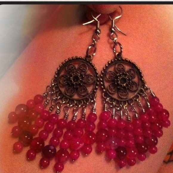 ✨Sold✨handmade pink stripe agate and jade earrings - Picture 3 of 4