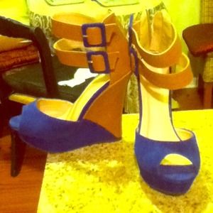 Royal blue and tan wedges with staps around ankle