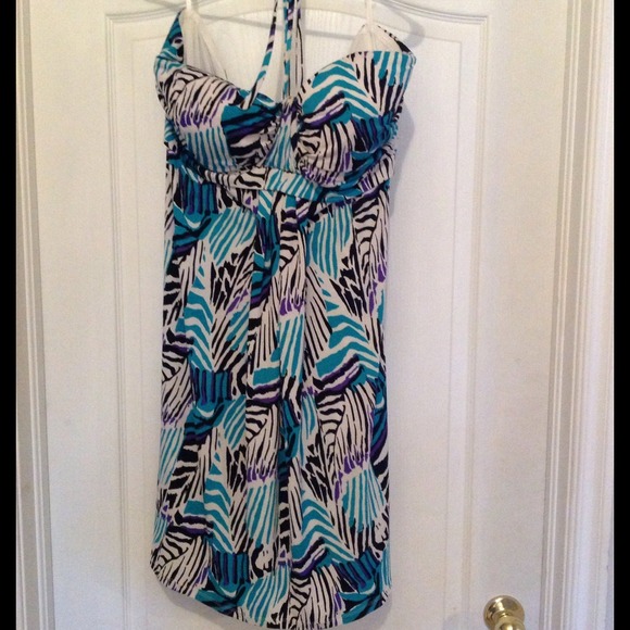 SOLD Teal, purple, black on white dress