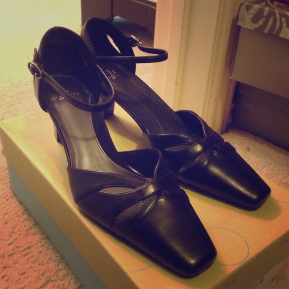 Black square toe heels w/ankle strap