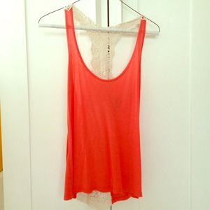 Coral/pink racer back tank top with lace detail