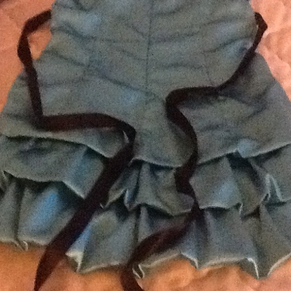 Teal blue prom dress with black lace accent - Picture 2 of 2