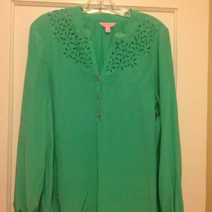 Lilly P Teal Silk Blouse w laser cut