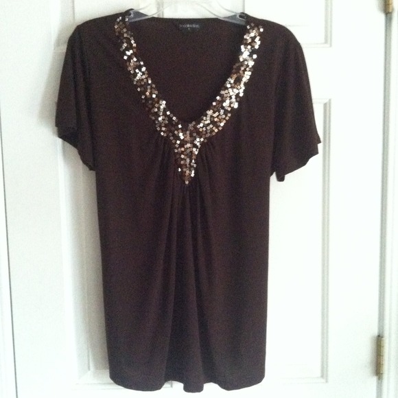 BM Collection brown sequin neck top - Picture 1 of 3