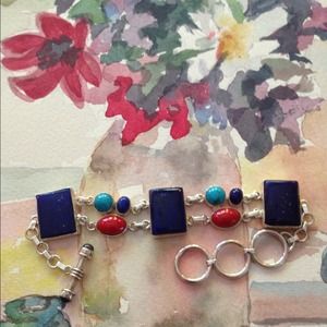 Lapis/turquoise/coral and sterling bracelet